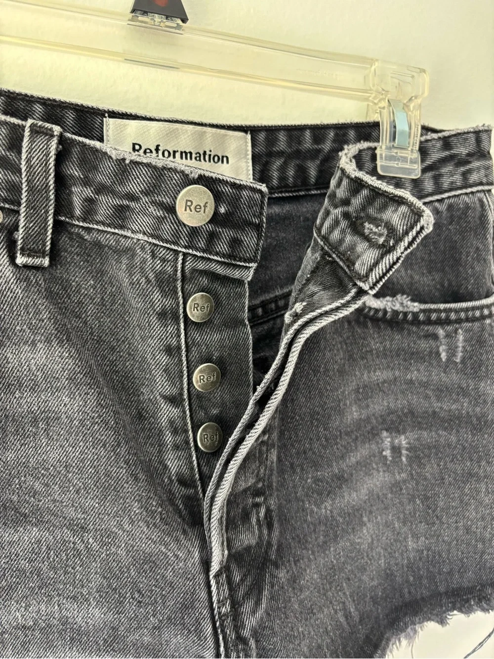 Reformation Black Denim Jean Shorts High Waist Cut Off Distressed